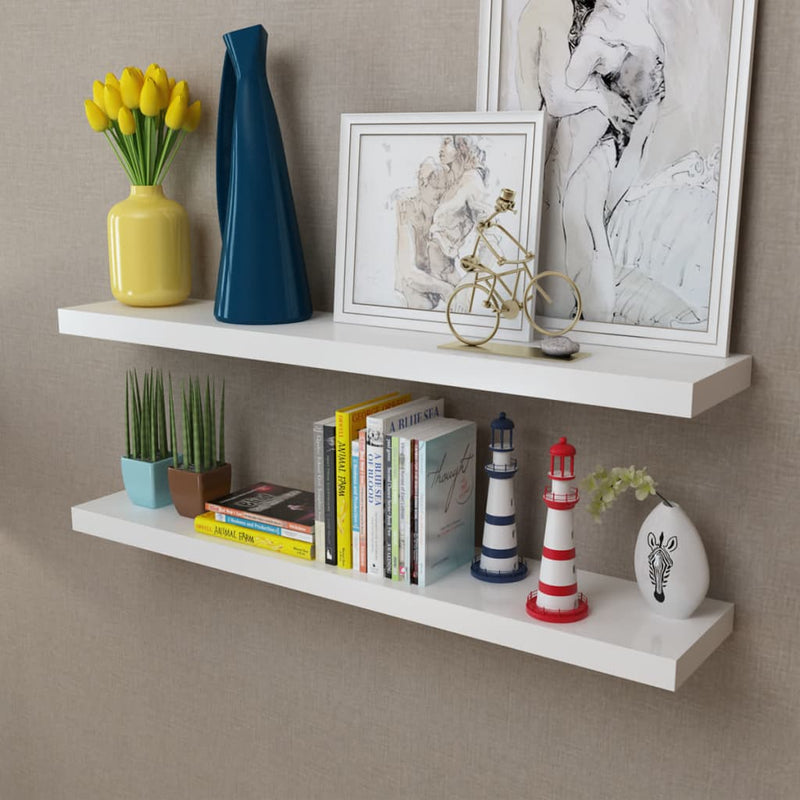 2 White MDF Floating Wall Display Shelves Book/DVD Storage Payday Deals