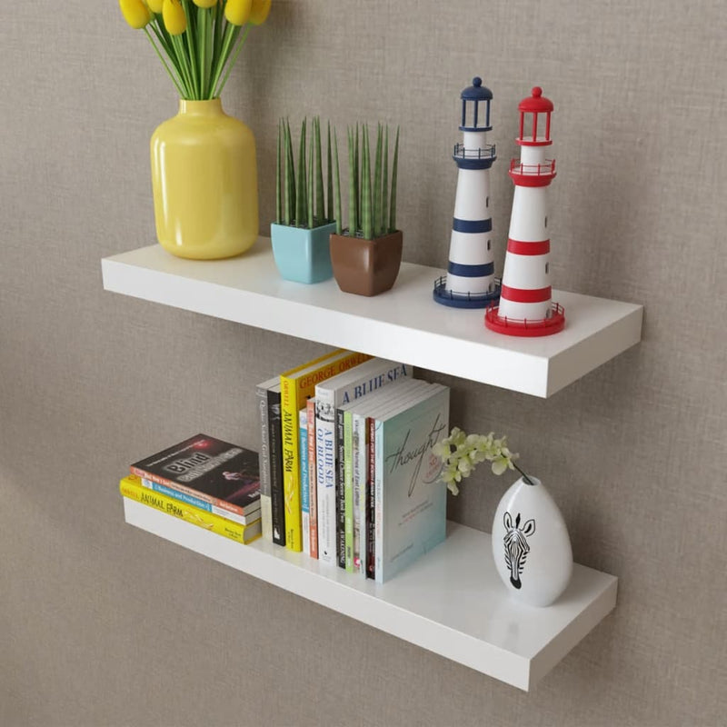 2 White MDF Floating Wall Display Shelves Book/DVD Storage Payday Deals