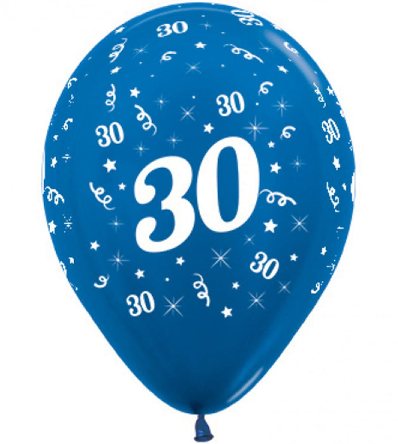 30th Birthday Metallic Blue Latex Balloons 25 Pack