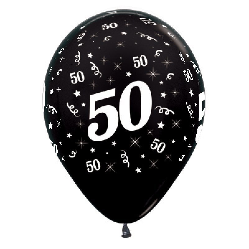 50th Birthday Metallic Black Latex Balloons 25 Pack