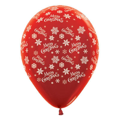 Merry Christmas Snowflakes Metallic Red Latex Balloons 25 Pack