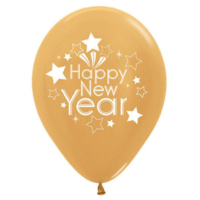 Happy New Year Metallic Gold Latex Balloons 6 Pack