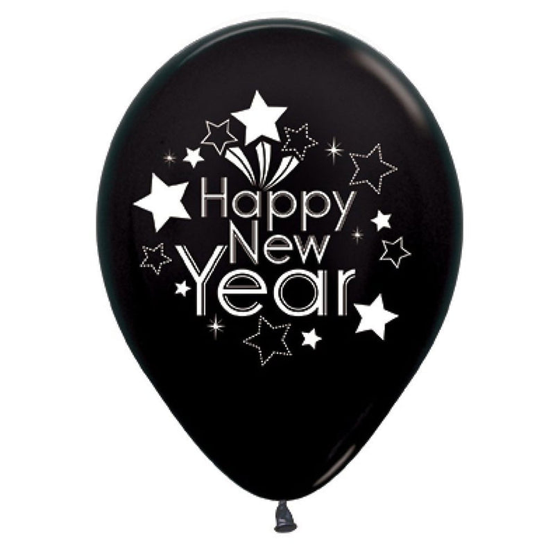 Happy New Year Metallic Black Latex Balloons 6 Pack