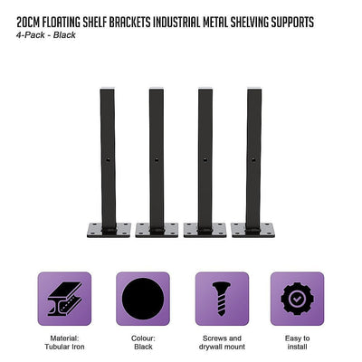 20cm Floating Shelf Brackets Industrial Metal Shelving Supports 4-Pack - Black Payday Deals