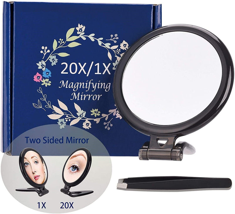 20X Magnifying Hand Mirror Two Sided Use for Makeup Application, Tweezing, and Blackhead/Blemish Removal (10 cm Black) Payday Deals