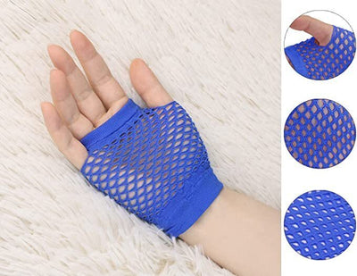 24 Pair Fishnet Gloves Fingerless Wrist Length 70s 80s Costume Party Bulk - Blue