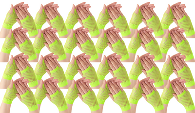 24 Pair Fishnet Gloves Fingerless Wrist Length 70s80s Costume Party Fluro Yellow
