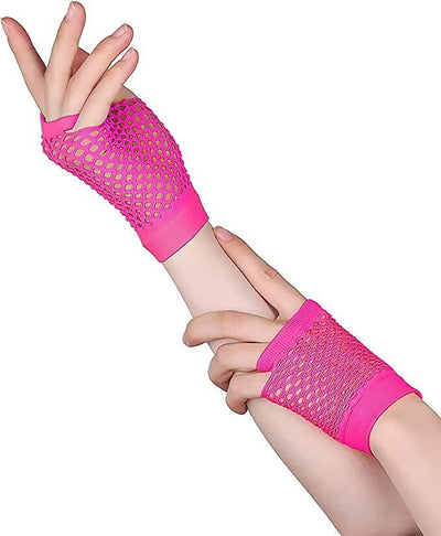 24 Pair Fishnet Gloves Fingerless Wrist Length 70s 80s Costume Party - Hot Pink