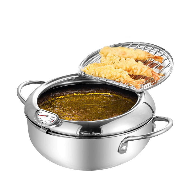 24cm Japanese  Deep Frying Pan Pot with Thermometer Kitchen Tempura Fryer Silver Payday Deals