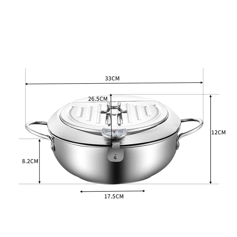 24cm Japanese  Deep Frying Pan Pot with Thermometer Kitchen Tempura Fryer Silver Payday Deals