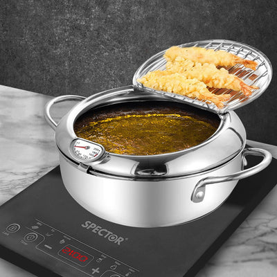 24cm Japanese  Deep Frying Pan Pot with Thermometer Kitchen Tempura Fryer Silver Payday Deals