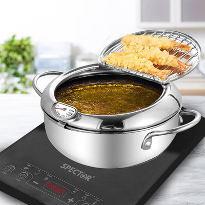 24cm Japanese  Deep Frying Pan Pot with Thermometer Kitchen Tempura Fryer Silver Payday Deals