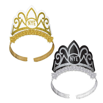 New Years Eve NYE Tiara's Black & Silver and White & Gold Glittered 6 Pack