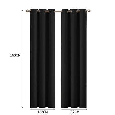 2x Blockout Curtains Panels 3 Layers Eyelet Room Darkening 132x160cm Black Payday Deals