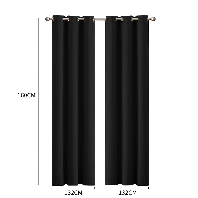 2x Blockout Curtains Panels 3 Layers Eyelet Room Darkening 132x160cm Black Payday Deals