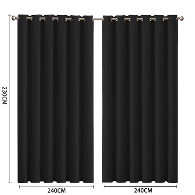 2x Blockout Curtains Panels 3 Layers Eyelet Room Darkening 240x230cm Black Payday Deals