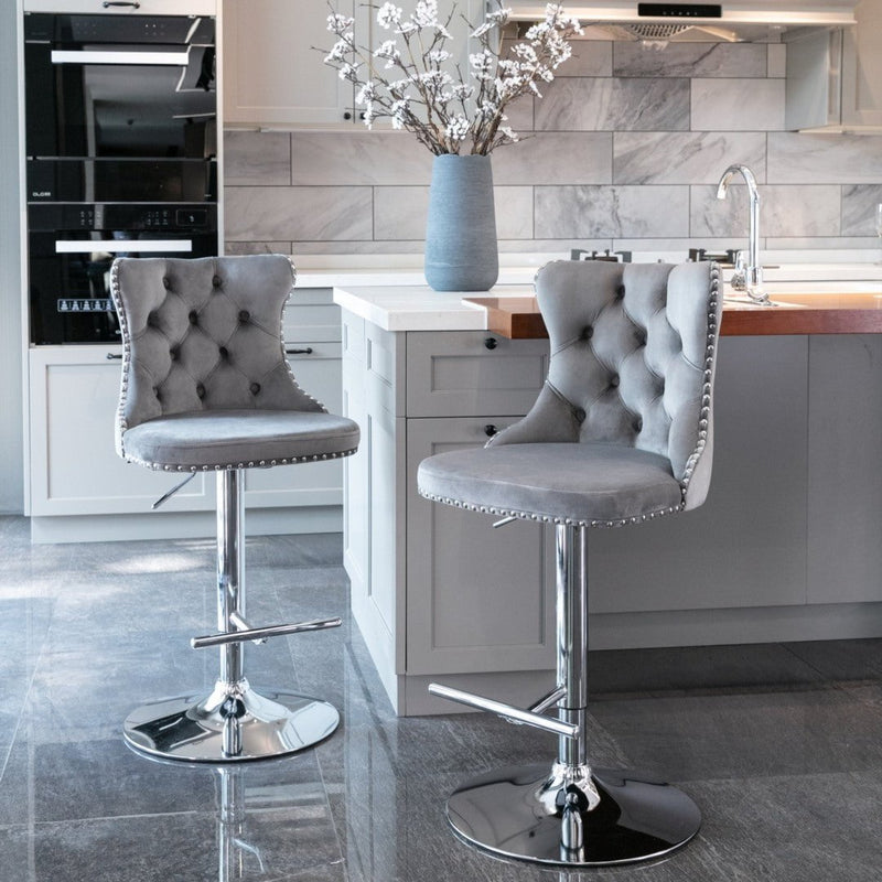 2x Height Adjustable Swivel Bar Stool Velvet Stud Barstool with Footrest and Chromed Base- Gray Payday Deals