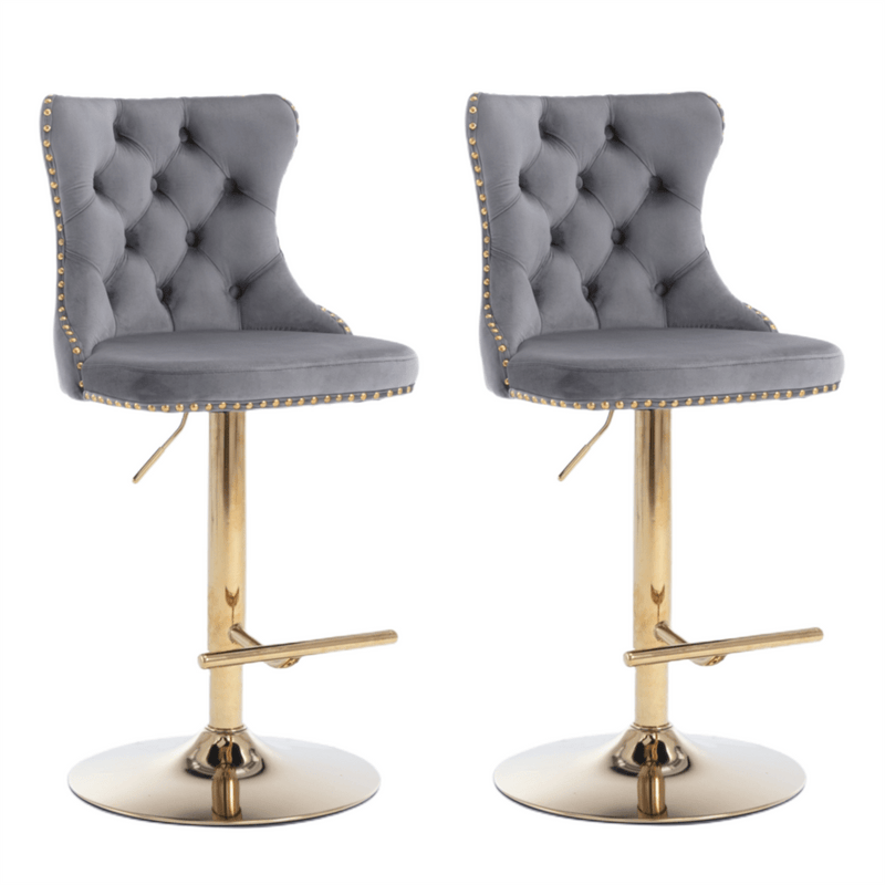 2x Height Adjustable Swivel Bar Stool Velvet Studs Barstool with Footrest and Golden Base- Grey Payday Deals