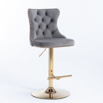 2x Height Adjustable Swivel Bar Stool Velvet Studs Barstool with Footrest and Golden Base- Grey Payday Deals