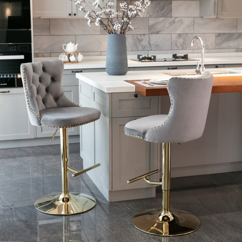 2x Height Adjustable Swivel Bar Stool Velvet Studs Barstool with Footrest and Golden Base- Grey Payday Deals