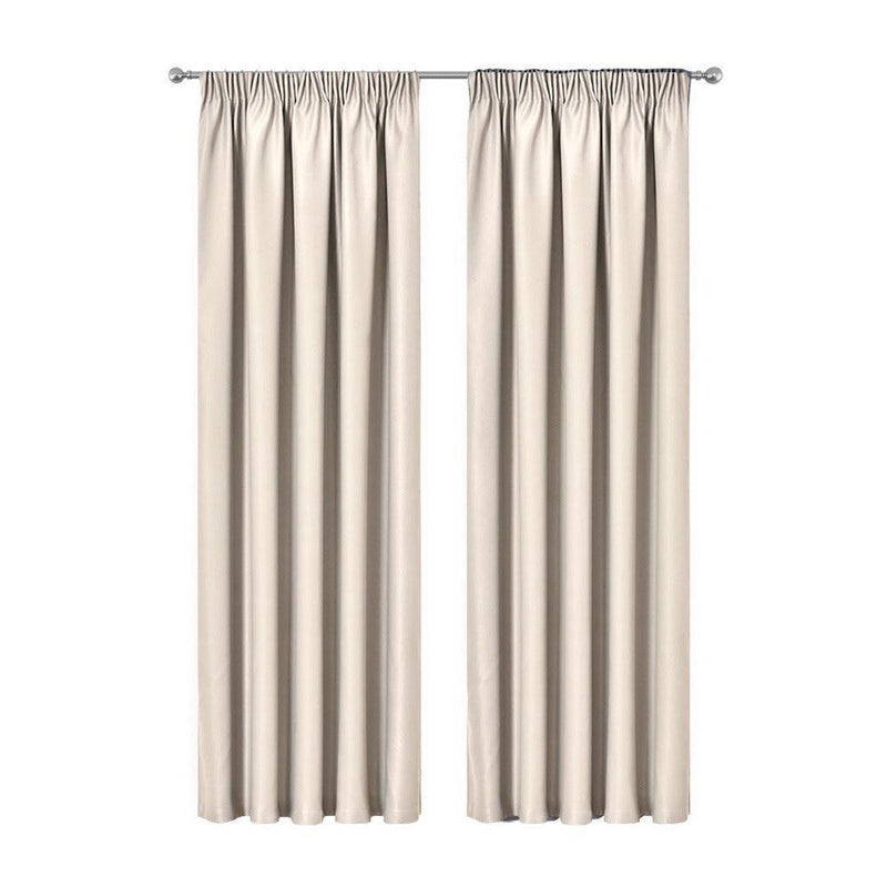 2X Pinch Pleat Pleated Blockout Curtains Sand 240cmx230cm