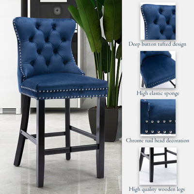 2X Velvet Bar Stools with Studs Trim Wooden Legs Tufted Dining Chairs Kitchen Payday Deals