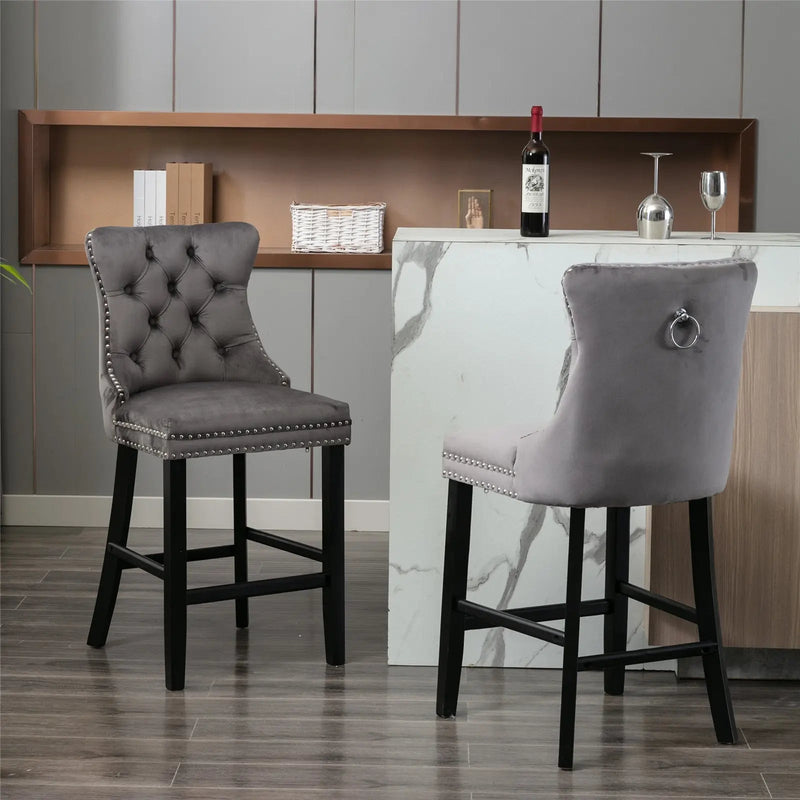 2X Velvet Bar Stools with Studs Trim Wooden Legs Tufted Dining Chairs Kitchen Payday Deals