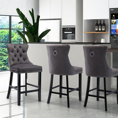 2X Velvet Bar Stools with Studs Trim Wooden Legs Tufted Dining Chairs Kitchen Payday Deals