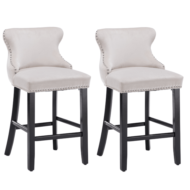 2x Velvet Upholstered Button Tufted Bar Stools with Wood Legs and Studs-Beige Payday Deals