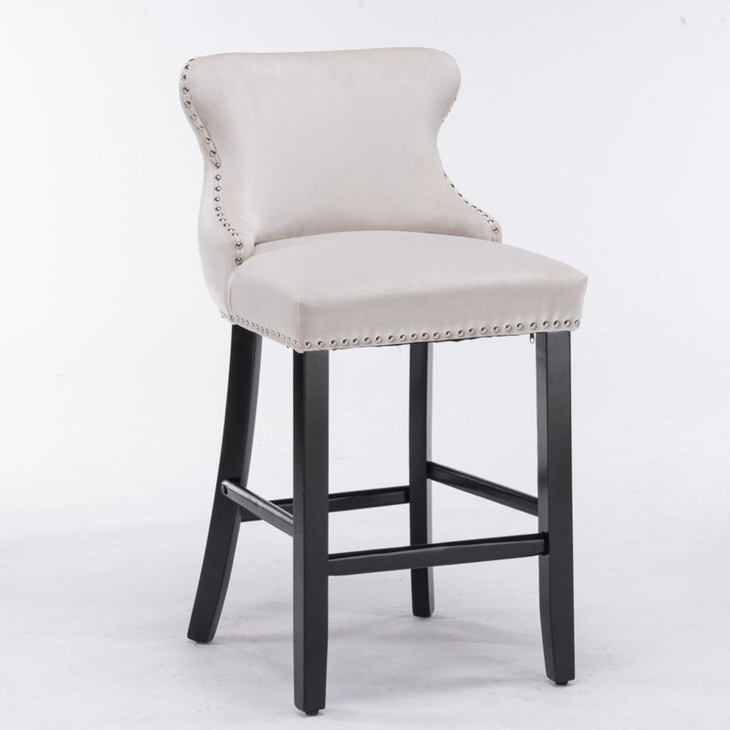 2x Velvet Upholstered Button Tufted Bar Stools with Wood Legs and Studs-Beige Payday Deals