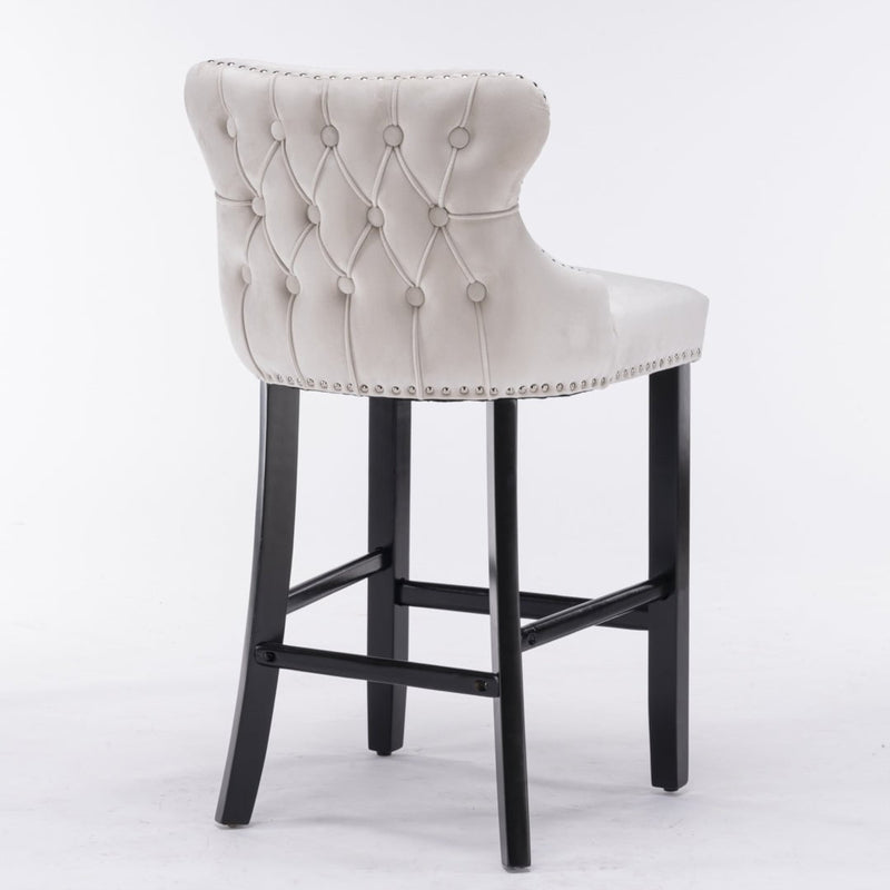 2x Velvet Upholstered Button Tufted Bar Stools with Wood Legs and Studs-Beige Payday Deals