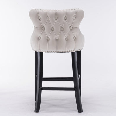 2x Velvet Upholstered Button Tufted Bar Stools with Wood Legs and Studs-Beige Payday Deals