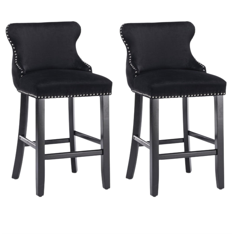 2x Velvet Upholstered Button Tufted Bar Stools with Wood Legs and Studs-Black Payday Deals