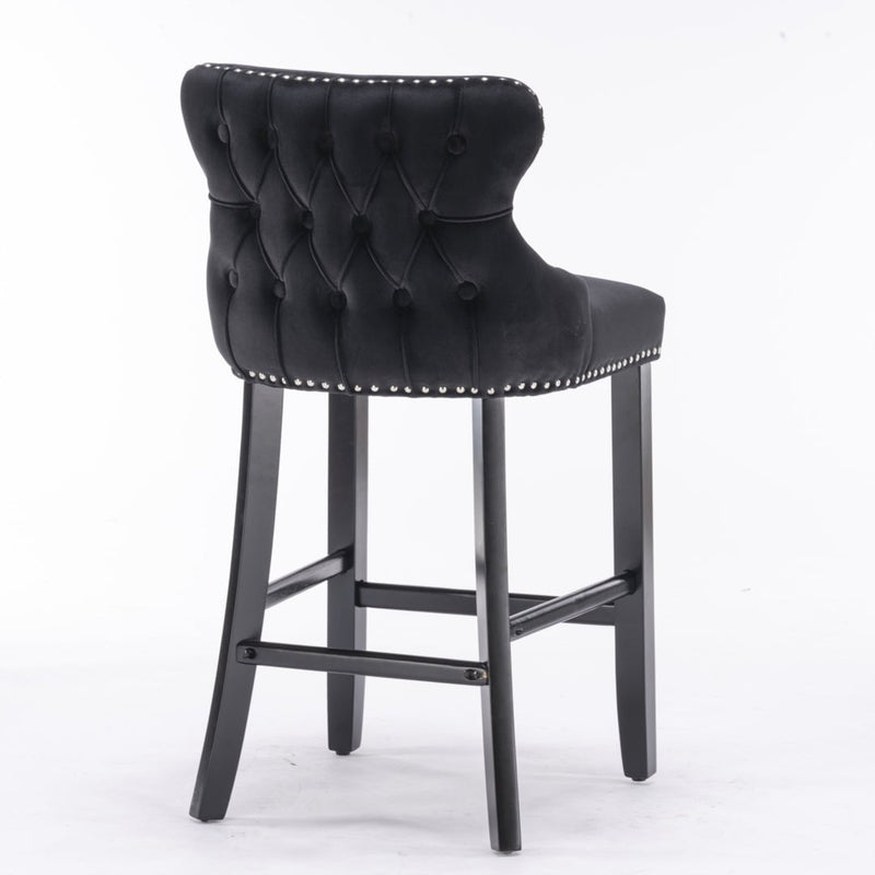 2x Velvet Upholstered Button Tufted Bar Stools with Wood Legs and Studs-Black Payday Deals