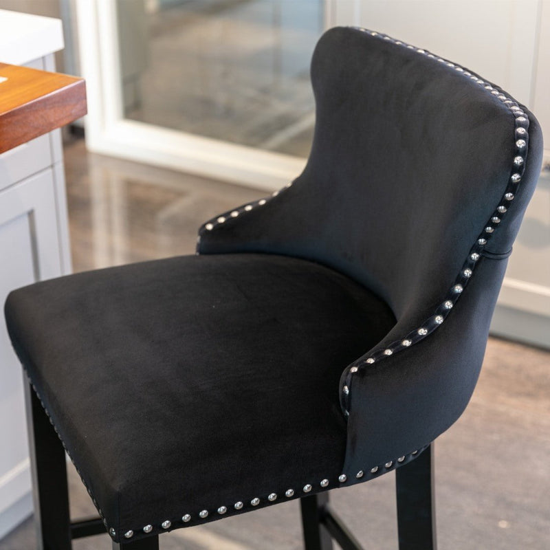 2x Velvet Upholstered Button Tufted Bar Stools with Wood Legs and Studs-Black Payday Deals