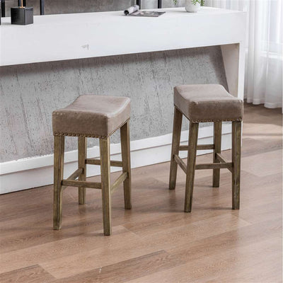 2x Wooden Legs Saddle Bar Stools Backless Leather Padded Counter Chairs 66cm Height Payday Deals