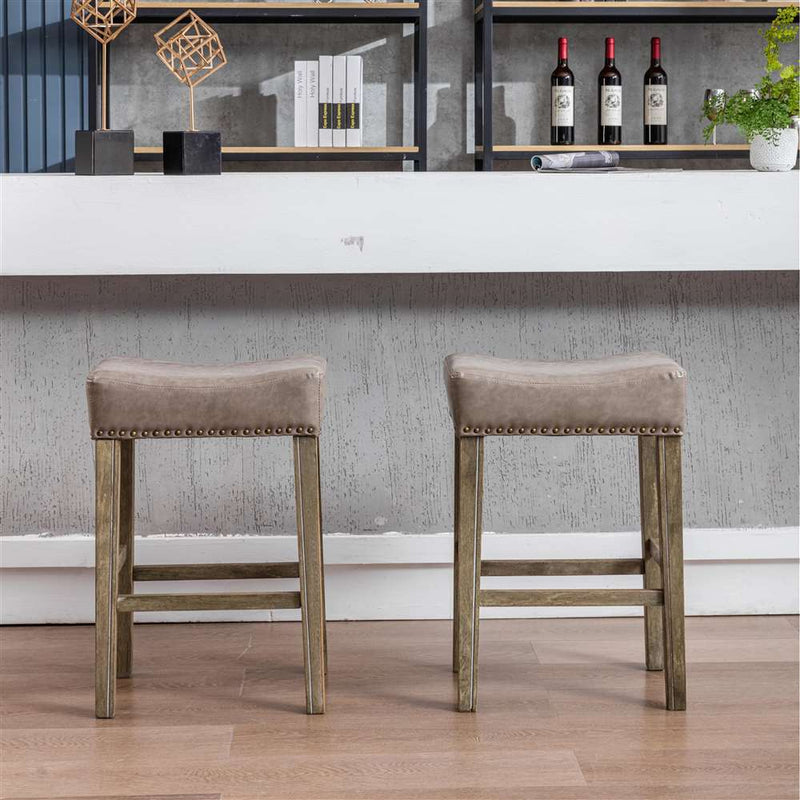 2x Wooden Legs Saddle Bar Stools Backless Leather Padded Counter Chairs 66cm Height Payday Deals