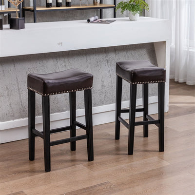 2x Wooden Legs Saddle Bar Stools Leather Padded Counter Chairs with studs 74.5cm Height Payday Deals