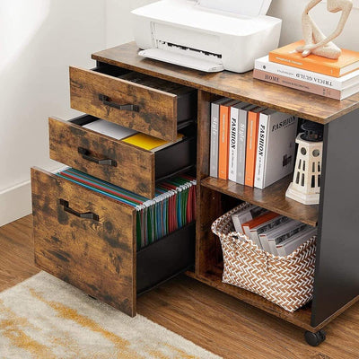 3-Drawer File Cabinet with Open Compartments for A4, Rustic Brown and Black Payday Deals