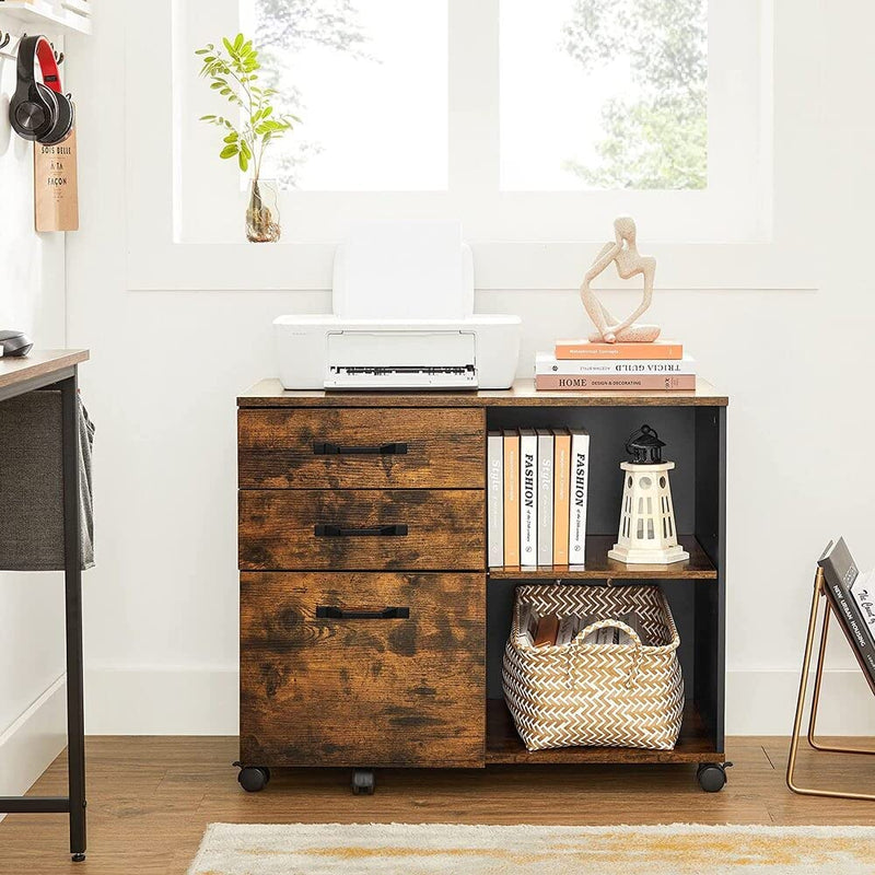 3-Drawer File Cabinet with Open Compartments for A4, Rustic Brown and Black Payday Deals