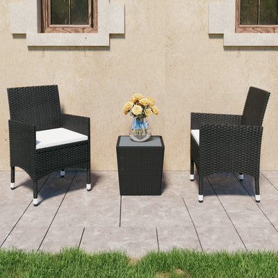 3 Piece Bistro Set Poly Rattan and Tempered Glass Black