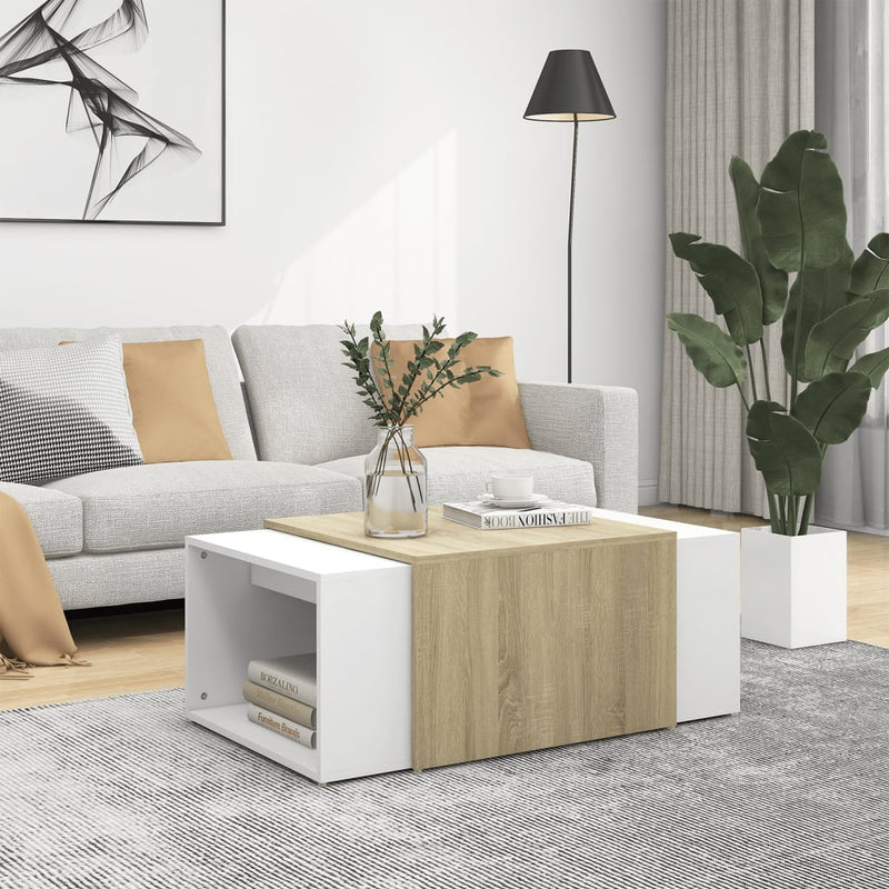 3 Piece Nesting Coffee Table Set White & Sonoma Oak 60x60x38 cm Payday Deals