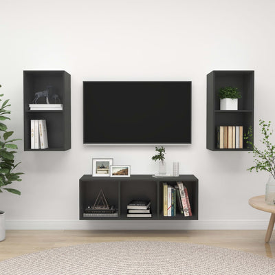 3 Piece TV Cabinet Set Grey Engineered Wood