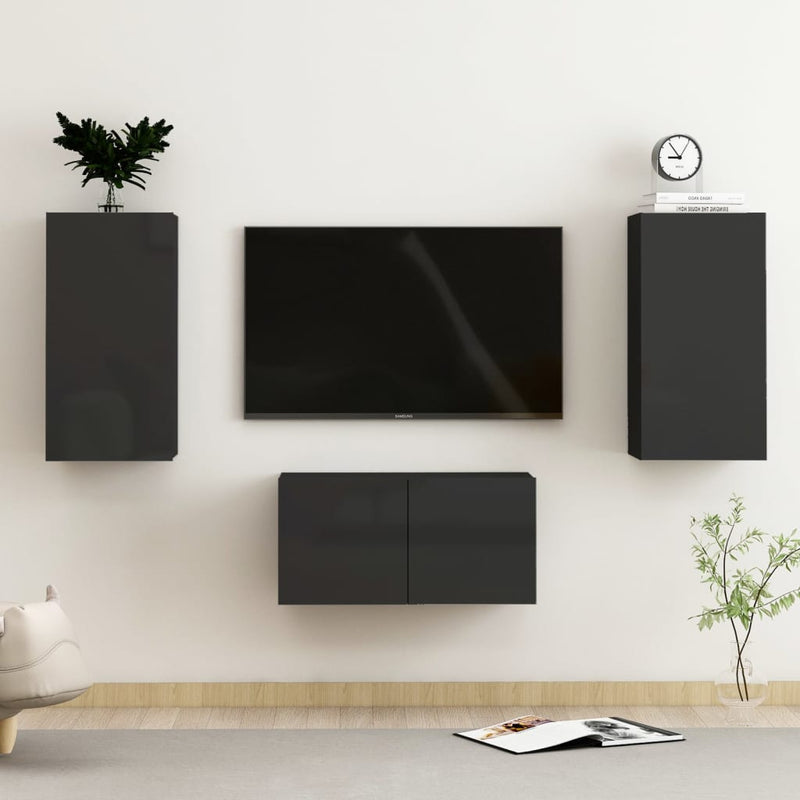 3 Piece TV Cabinet Set High Gloss Black Chipboard Payday Deals