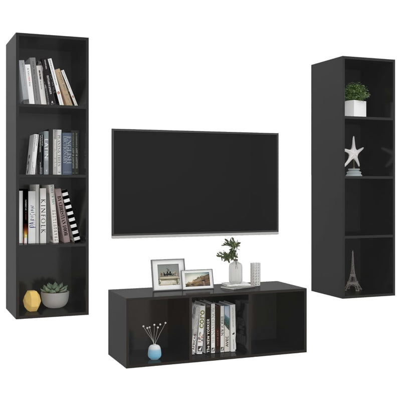 3 Piece TV Cabinet Set High Gloss Black Engineered Wood Payday Deals