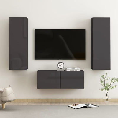 3 Piece TV Cabinet Set High Gloss Grey Engineered Wood