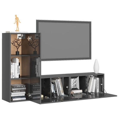 3 Piece TV Cabinet Set High Gloss Grey Engineered Wood Payday Deals