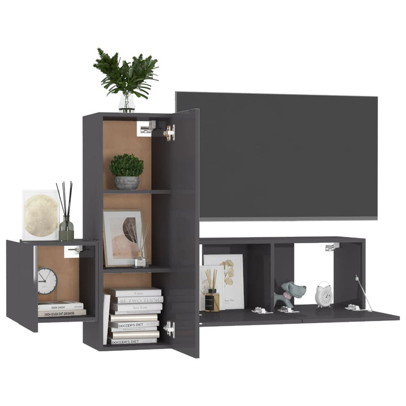 3 Piece TV Cabinet Set High Gloss Grey Engineered Wood Payday Deals