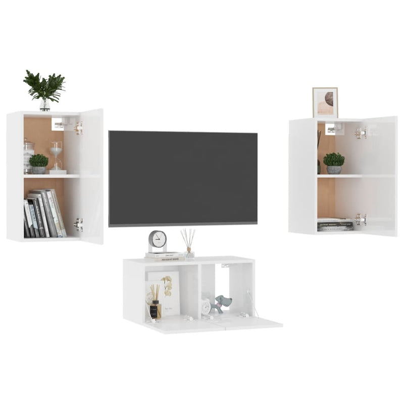 3 Piece TV Cabinet Set High Gloss White Chipboard Payday Deals