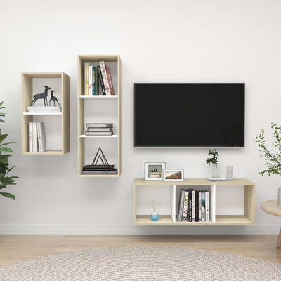 3 Piece TV Cabinet Set White and Sonoma Oak Engineered Wood